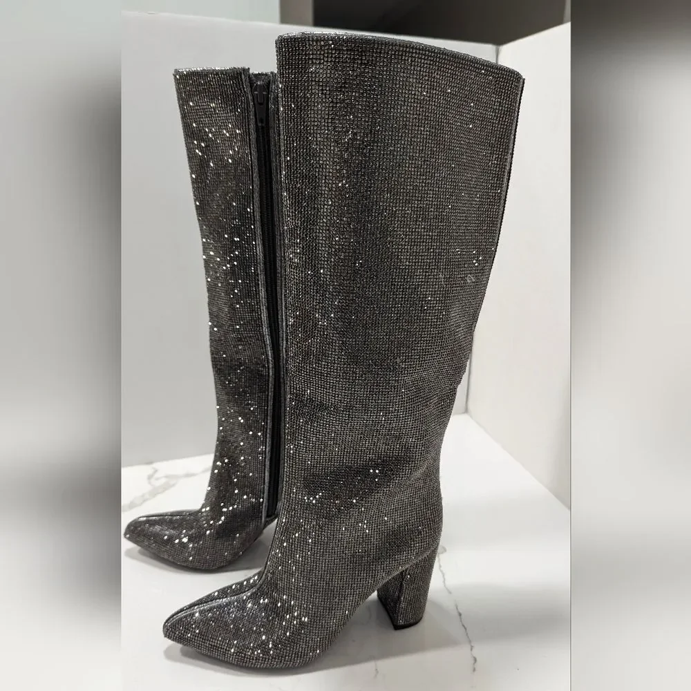 New INC Tall Sparke Knee High Boots Block Heel Pewter Crystal Sz 5 Taylor Swift